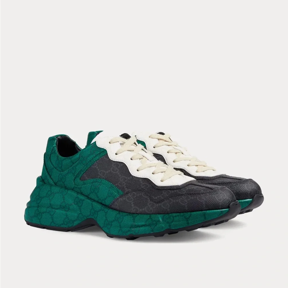 GUCCI MEN'S SHOES GREEN, BLACK & WHITE NYLON GG SUPREME RHYTON SNEAKERS - Picture 9 of 10